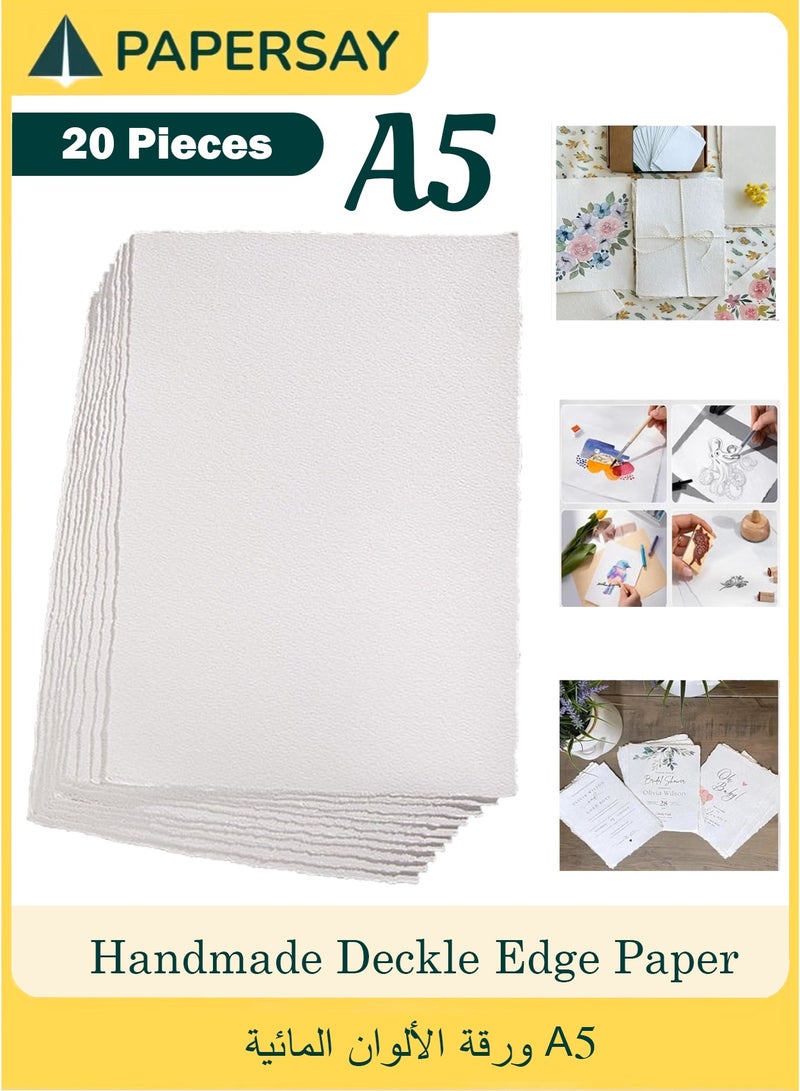 PAPERSAY 20 Pieces Handmade Deckle Edge Paper,Watercolor Paper A5 Size, 300 GSM White Color 100% Cotton Ecologically for Greetings Cards Invitions Calligraphy Wedding Stationery and Painting - Image 1
