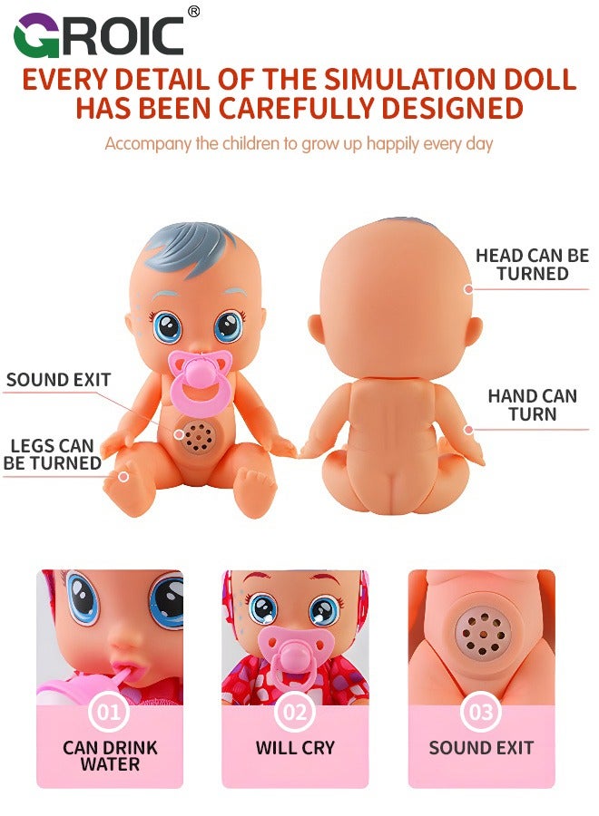GROIC 8 Inch Cute Cry Baby Doll Dreamy Interactive Realistic 3D Simulation Baby Doll, Normal, Drink and Cry Little Dolls with 4 Emotions Baby Sounds - Blue - Image 3