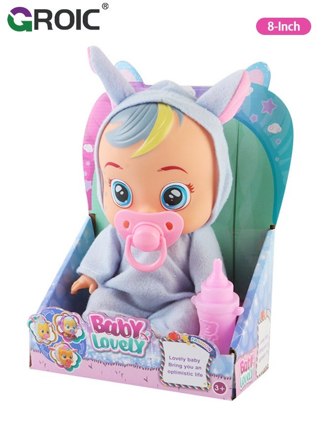 GROIC 8 Inch Cute Cry Baby Doll Dreamy Interactive Realistic 3D Simulation Baby Doll, Normal, Drink and Cry Little Dolls with 4 Emotions Baby Sounds - Blue - Image 1