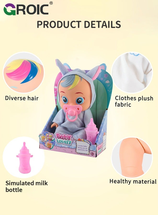 GROIC 8 Inch Cute Cry Baby Doll Dreamy Interactive Realistic 3D Simulation Baby Doll, Normal, Drink and Cry Little Dolls with 4 Emotions Baby Sounds - Blue - Image 2
