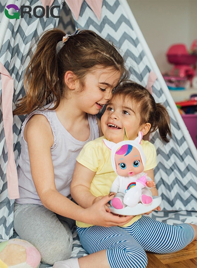 GROIC 8 Inch Cute Cry Baby Doll Dreamy Interactive Realistic 3D Simulation Baby Doll, Normal, Drink and Cry Little Dolls with 4 Emotions Baby Sounds - Blue - Image 5