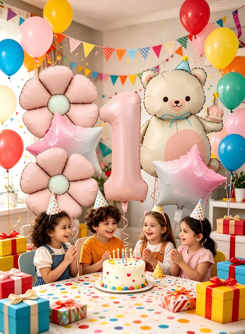 Party 1st Birthday Party Decoration Supplies 40 Inch Matte Pink Digital Bear Daisy Flower Aluminum Film Balloon Set - Image 2
