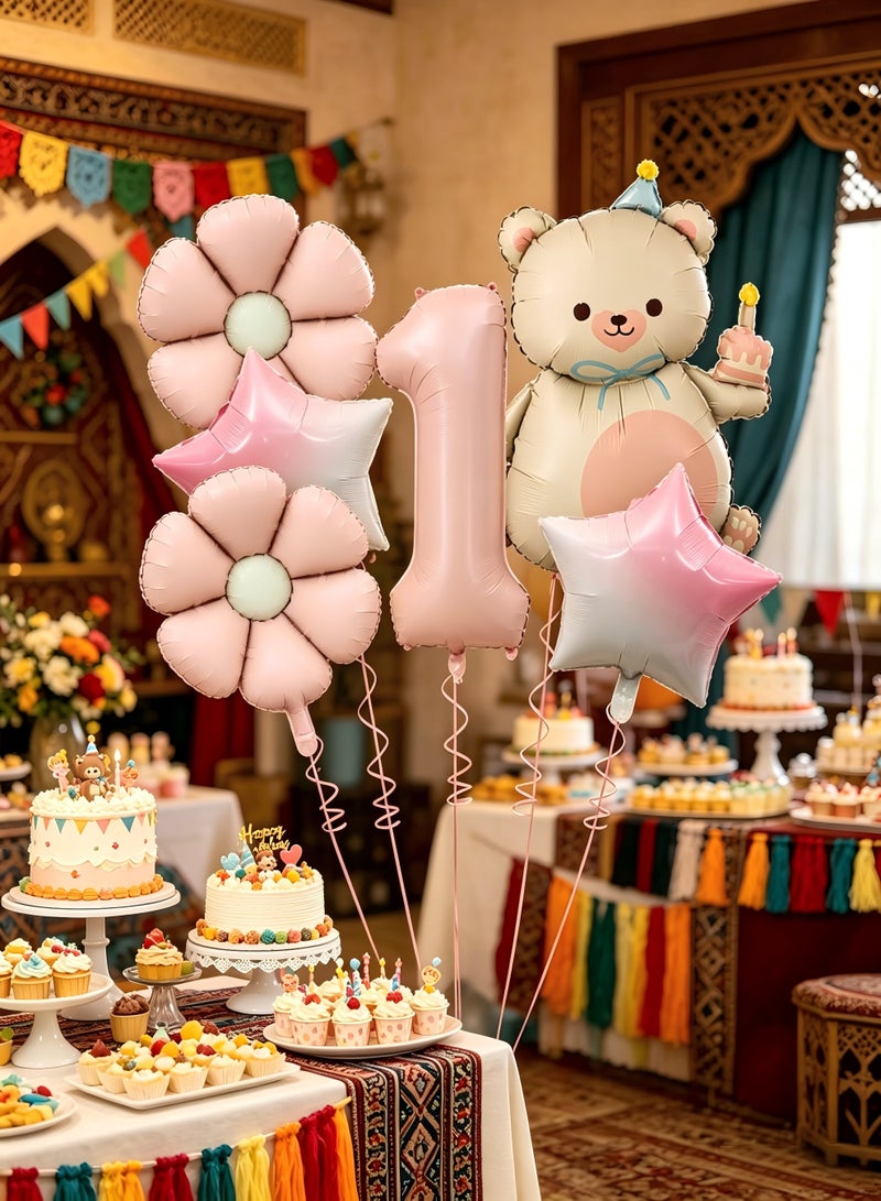 Party 1st Birthday Party Decoration Supplies 40 Inch Matte Pink Digital Bear Daisy Flower Aluminum Film Balloon Set - Image 3
