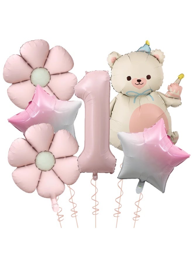 Party 1st Birthday Party Decoration Supplies 40 Inch Matte Pink Digital Bear Daisy Flower Aluminum Film Balloon Set - Image 1
