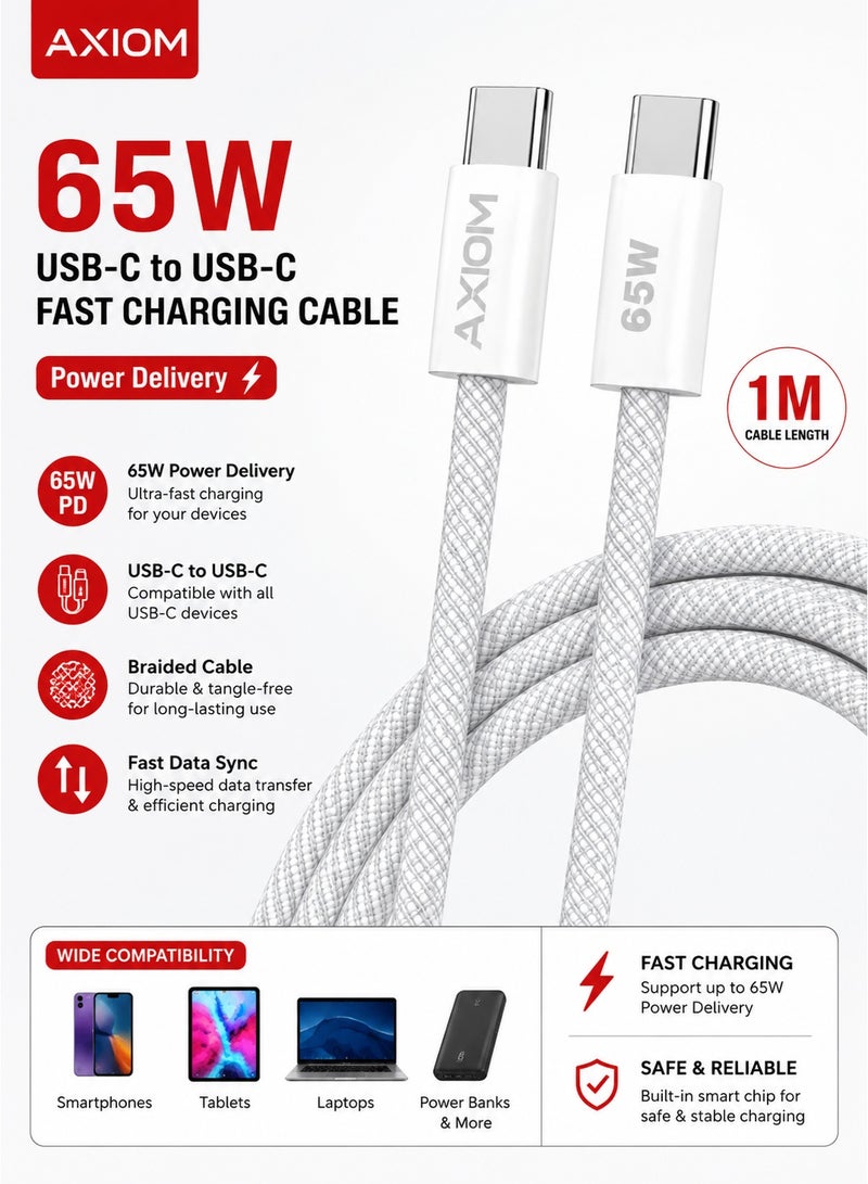 Axiom 65W USB-C to USB-C Fast Charging Cable, 1 Meter Braided Type-C Cable with Power Delivery (PD), High-Speed Charging & Data Sync for Smartphones, Tablets & Laptops - Image 2