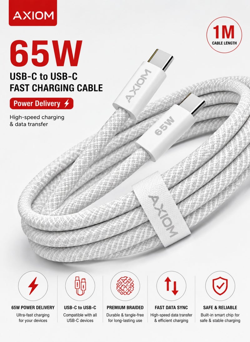 Axiom 65W USB-C to USB-C Fast Charging Cable, 1 Meter Braided Type-C Cable with Power Delivery (PD), High-Speed Charging & Data Sync for Smartphones, Tablets & Laptops - Image 3