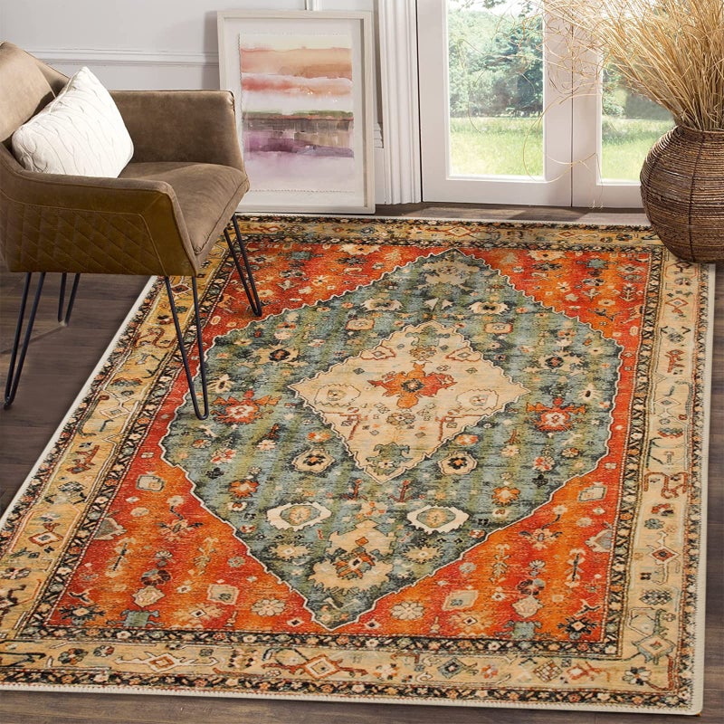 COMSLE Boho Area Rug 4 x 6 Machine Washable Rugs for Entryway Faux Wool Large Rugs Distressed Throw Rug NonSlip Floor Carpet for Indoor Bedroom Kitchen Living Room