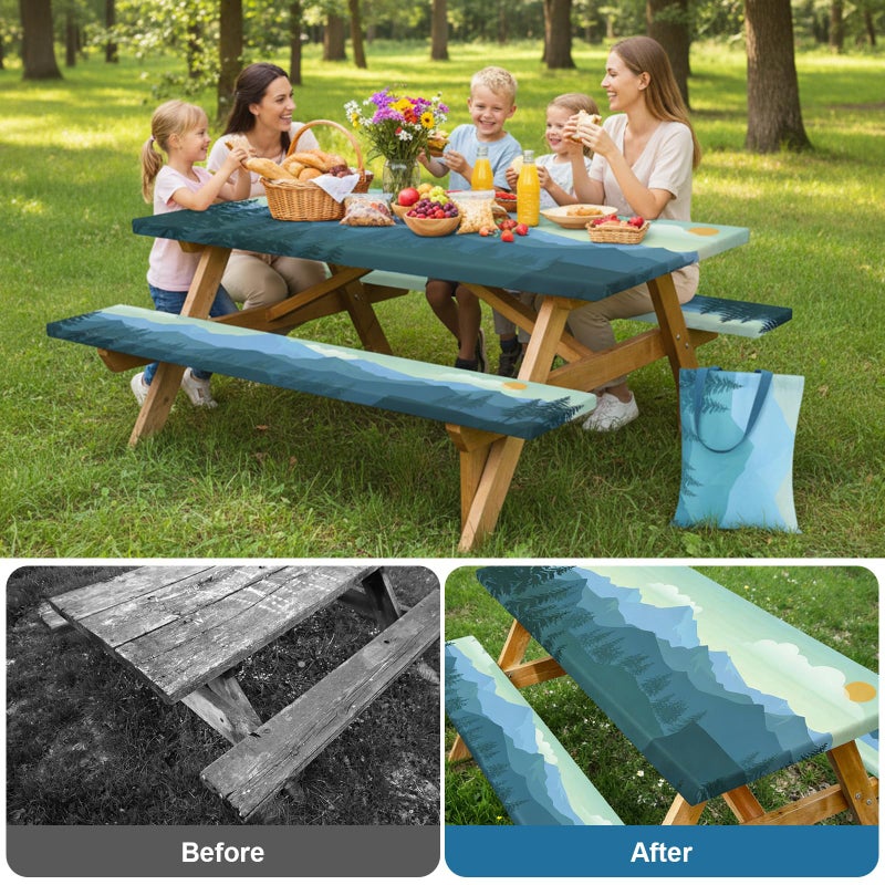 Dntorx Picnic Table Cover with Bench Covers and Bag, 72in Camping Tablecloth, Waterproof Windproof Elastic Edges Fitted Rectangle Tables RV Gear Campers Must Haveï¼ˆGreenï¼‰ - Image 2