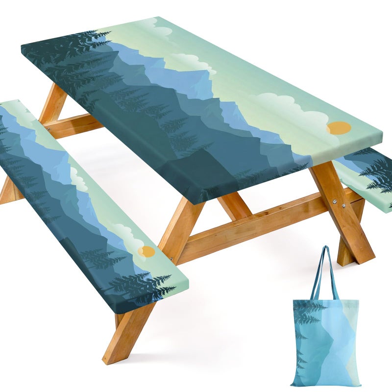 Dntorx Picnic Table Cover with Bench Covers and Bag, 72in Camping Tablecloth, Waterproof Windproof Elastic Edges Fitted Rectangle Tables RV Gear Campers Must Haveï¼ˆGreenï¼‰ - Image 1