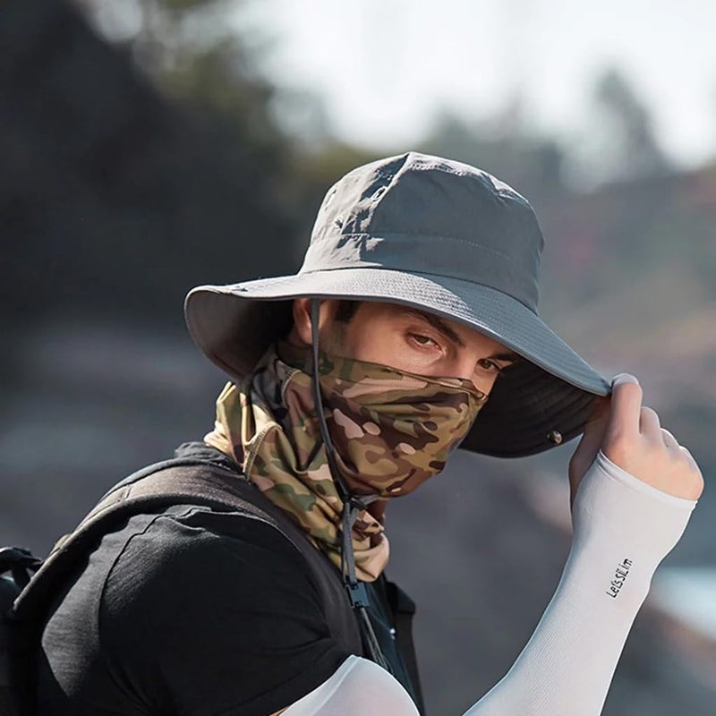 XuoAz Men's Beach-Sun-Hat UPF50+ Wide-Brim Sun-Protection Mesh-Fishing Hat Outdoor Foldable-Bucket Safari Hat Boonie Cap Dark Grey - Image 2