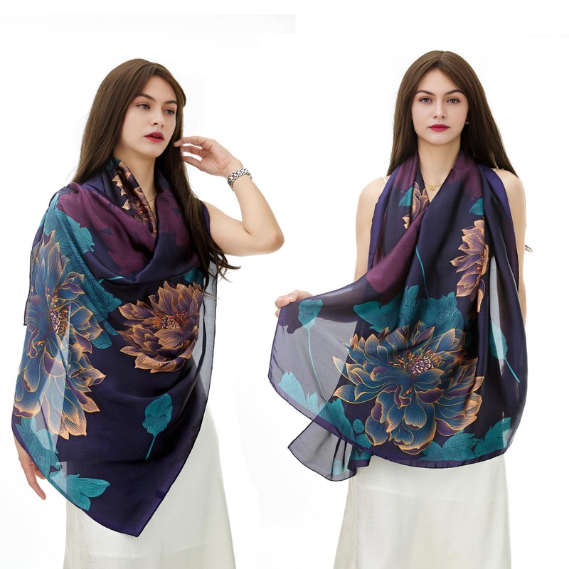 YOUR SMILE Large Mulberry Silk Feeling Long Stain Scarf Lightweight Sunscreen Shawls Wraps for Women (15 Dark Purple/Flower) - Image 2