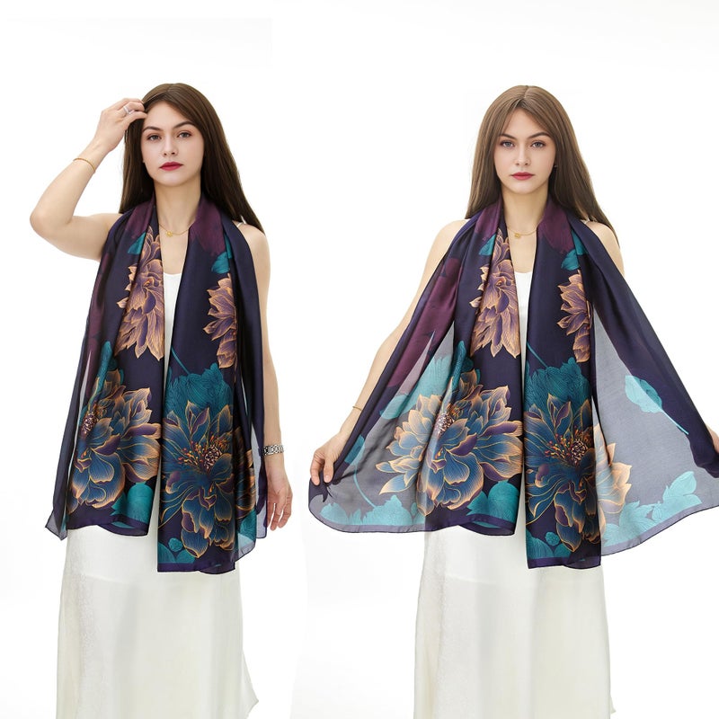 YOUR SMILE Large Mulberry Silk Feeling Long Stain Scarf Lightweight Sunscreen Shawls Wraps for Women (15 Dark Purple/Flower) - Image 3
