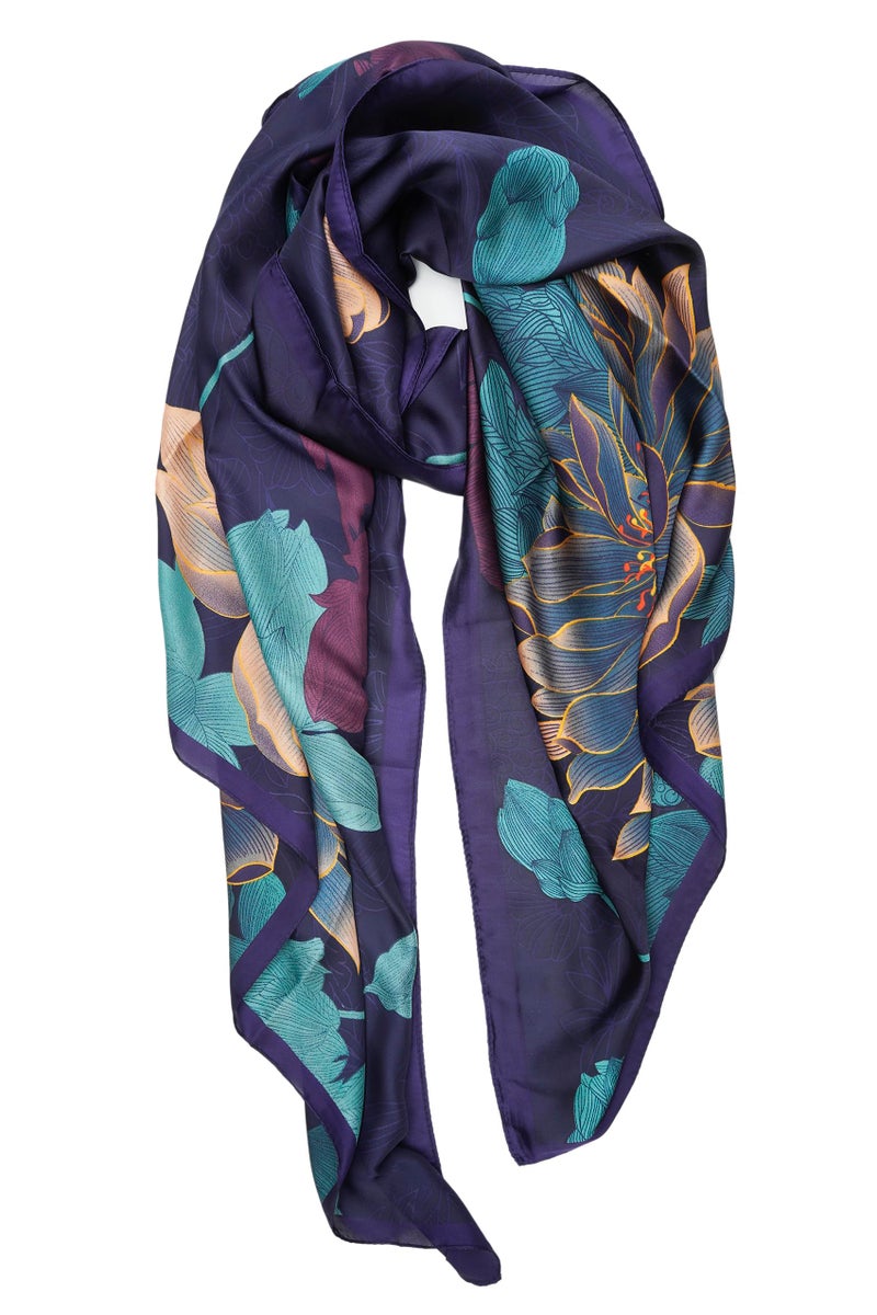YOUR SMILE Large Mulberry Silk Feeling Long Stain Scarf Lightweight Sunscreen Shawls Wraps for Women (15 Dark Purple/Flower) - Image 1