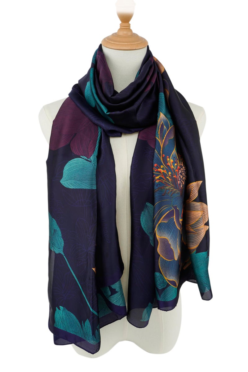 YOUR SMILE Large Mulberry Silk Feeling Long Stain Scarf Lightweight Sunscreen Shawls Wraps for Women (15 Dark Purple/Flower) - Image 4