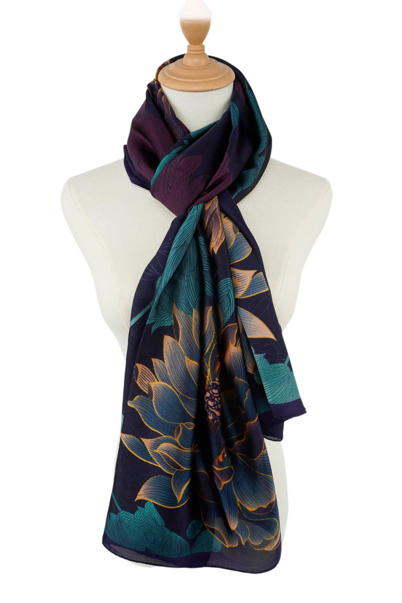 YOUR SMILE Large Mulberry Silk Feeling Long Stain Scarf Lightweight Sunscreen Shawls Wraps for Women (15 Dark Purple/Flower) - Image 5