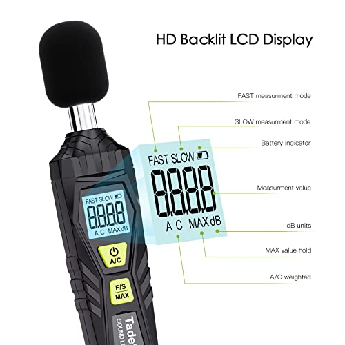 Tadeto Decibel Meter, Tadeto Digital Sound Level Meter Portable SPL Meter 30dB to 130dB MAX Data Hold with LCD Display Backlight A/C Weighted for Home Factories - Image 3