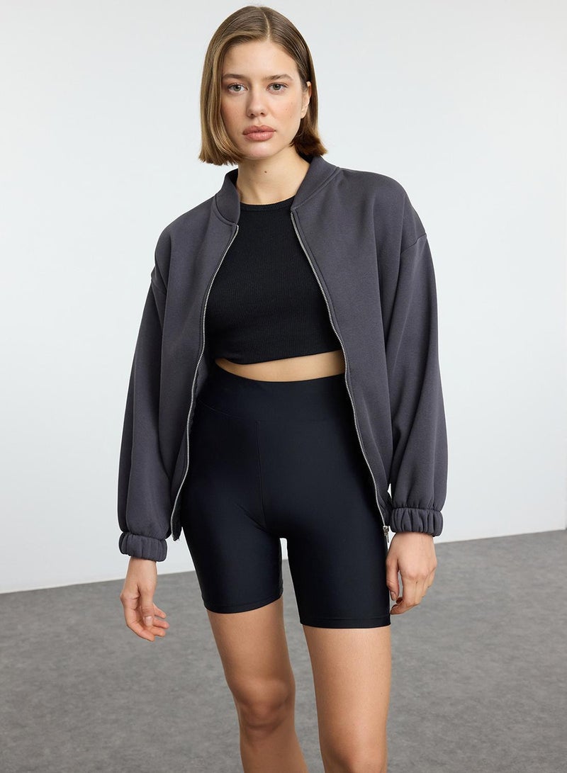trendyol Anthracite Fleece Oversize Knitted Sweatshirt - Zippered, Thick Inside - Image 2