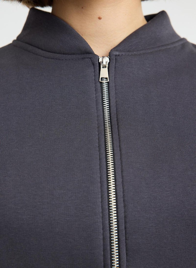 trendyol Anthracite Fleece Oversize Knitted Sweatshirt - Zippered, Thick Inside - Image 4