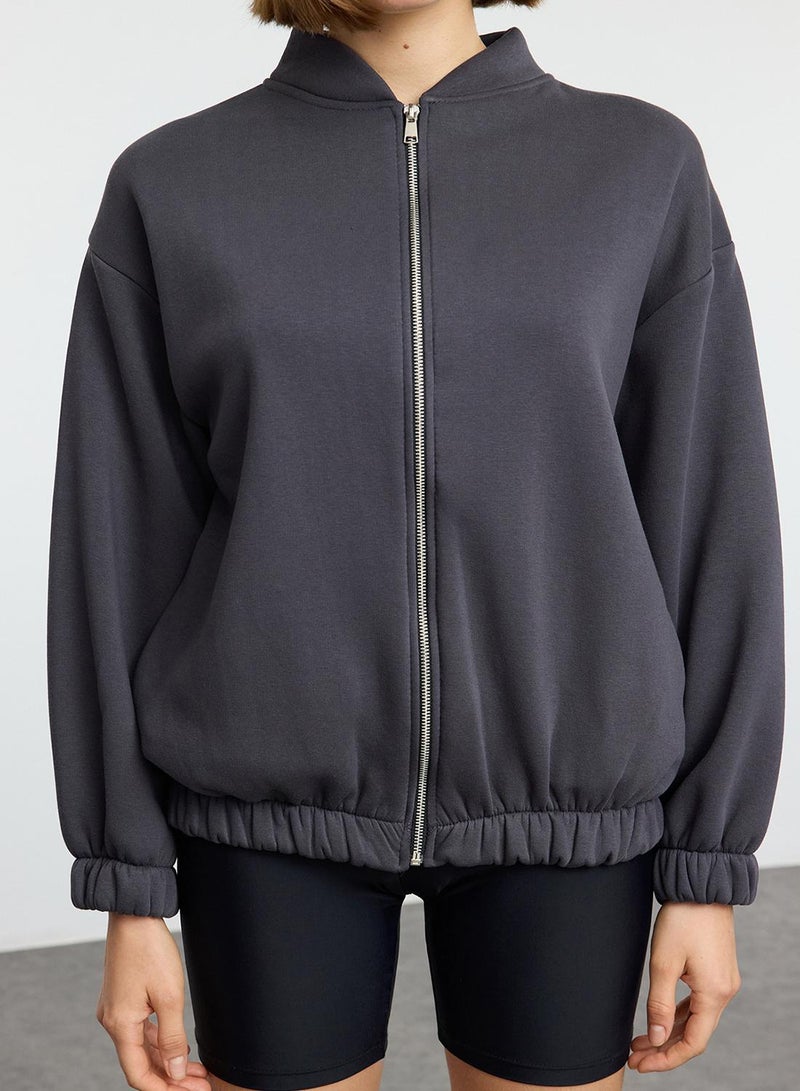 trendyol Anthracite Fleece Oversize Knitted Sweatshirt - Zippered, Thick Inside - Image 3