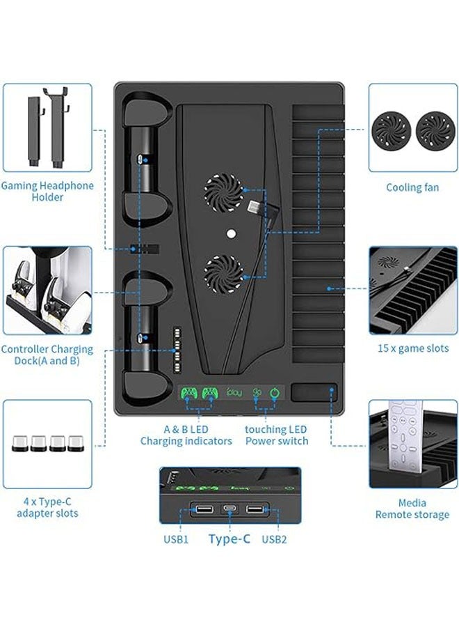 Multi-function Charging Stand with Cooling Fan for PS5 Disc/Digital/PS5 Controller, Vertical Charger Cooling Storage Stand for PS5 VR Consoles - Image 2