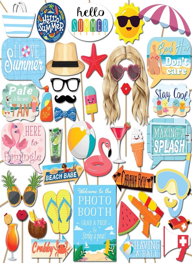 Outside The Booth Summer Photo Booth Props - 41 Pieces with Signs, Adhesive Pads, Sticks - Pool Party & Beach Theme Props - Image 1