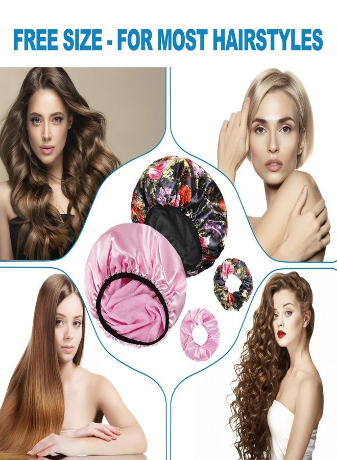 Happtiger Shower Cap for Women, 2 PCS 3 Layers Terry Lined Shower Caps + 2 Satin Scrunchies, Waterproof Terry Cloth Bath Caps Elastic and Reusable Hair Cap for Shower - (Pink+Flower A) - Image 5