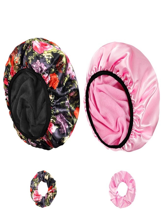 Happtiger Shower Cap for Women, 2 PCS 3 Layers Terry Lined Shower Caps + 2 Satin Scrunchies, Waterproof Terry Cloth Bath Caps Elastic and Reusable Hair Cap for Shower - (Pink+Flower A) - Image 1