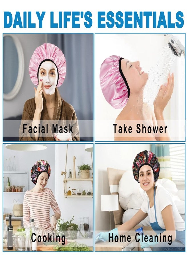 Happtiger Shower Cap for Women, 2 PCS 3 Layers Terry Lined Shower Caps + 2 Satin Scrunchies, Waterproof Terry Cloth Bath Caps Elastic and Reusable Hair Cap for Shower - (Pink+Flower A) - Image 4