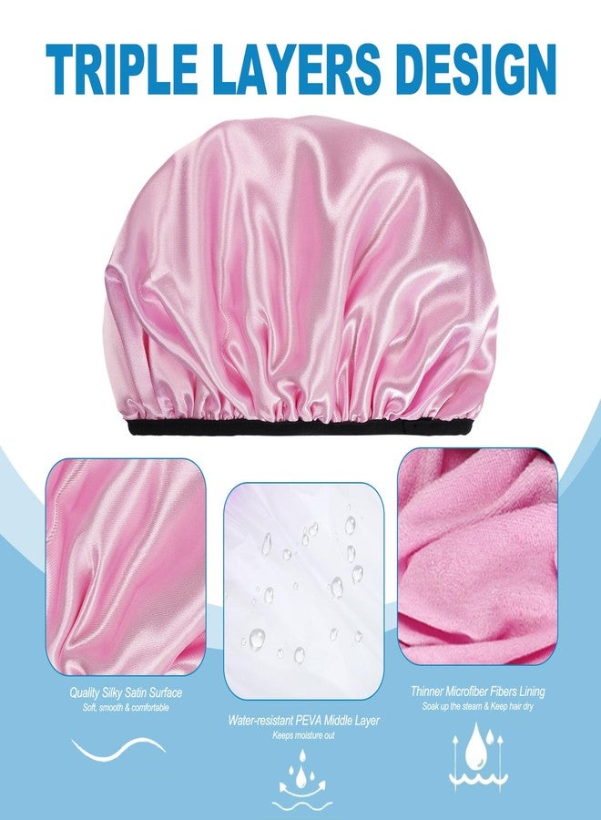 Happtiger Shower Cap for Women, 2 PCS 3 Layers Terry Lined Shower Caps + 2 Satin Scrunchies, Waterproof Terry Cloth Bath Caps Elastic and Reusable Hair Cap for Shower - (Pink+Flower A) - Image 3