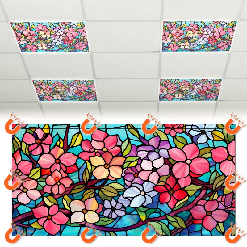 Glooglitter 4 Pcs Colorful Floral Fluorescent Light Covers 4 x 2 ft Stained Glass Magnetic Office Light Cover for Ceiling with 10 Magnets Filter Reduce Glare for Classroom School Home - Image 1