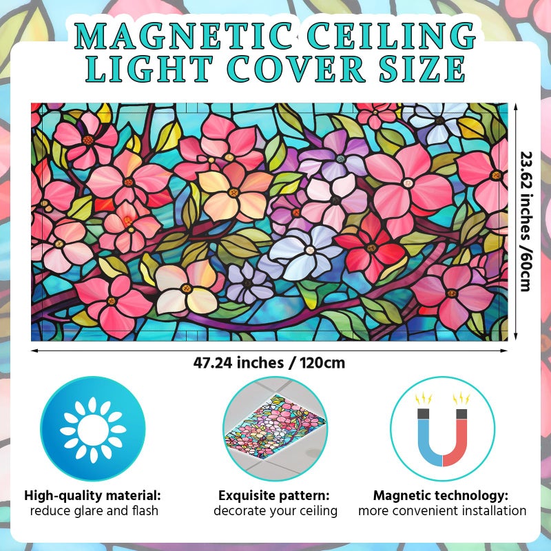 Glooglitter 4 Pcs Colorful Floral Fluorescent Light Covers 4 x 2 ft Stained Glass Magnetic Office Light Cover for Ceiling with 10 Magnets Filter Reduce Glare for Classroom School Home - Image 2