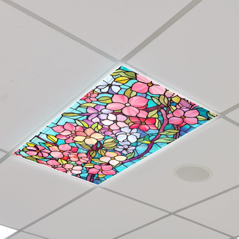Glooglitter 4 Pcs Colorful Floral Fluorescent Light Covers 4 x 2 ft Stained Glass Magnetic Office Light Cover for Ceiling with 10 Magnets Filter Reduce Glare for Classroom School Home - Image 3