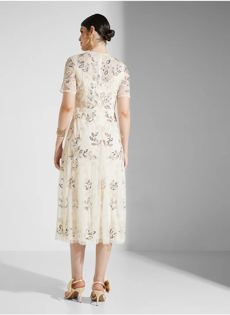 Frock and Frill Embellished Crew Neck Maxi Dress