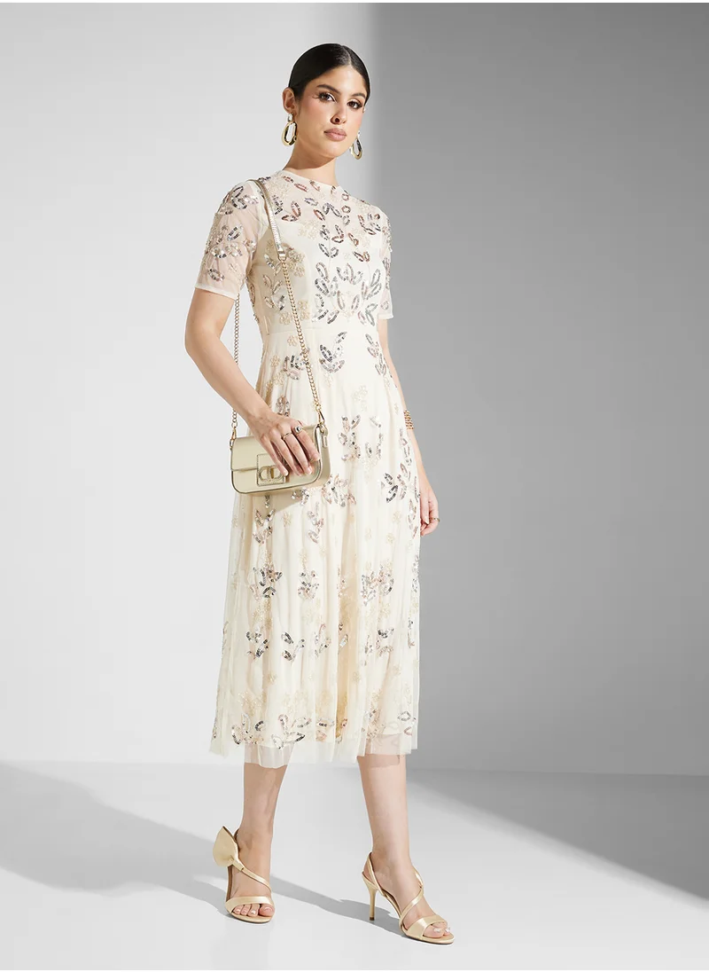 Frock and Frill Embellished Crew Neck Maxi Dress