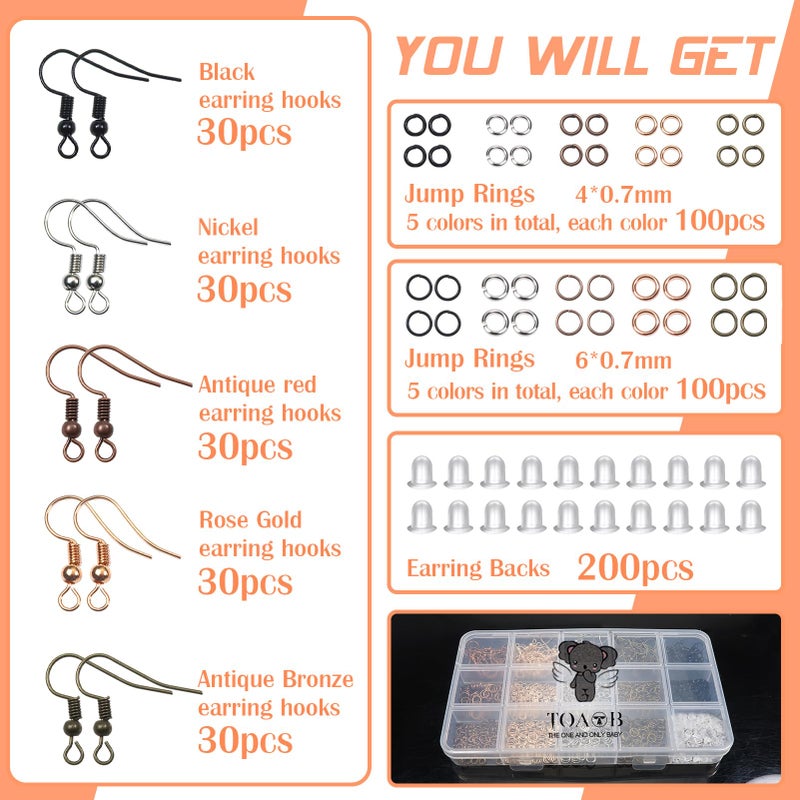 TOAOB THE ONE AND ONLY BABY TOAOB 150pcs Hypoallergenic Earring Hooks Mixed Colors Ear Wire Hooks Earring Making Kit with 1000pcs Open Jump Rings 200pcs Earring Backs for Jewelry Making Findings - Image 3