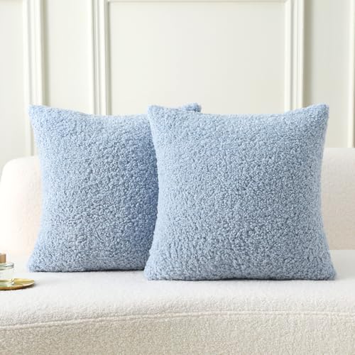 FUTEI Light Blue Throw Pillow Covers 18x18 Inch Set of 2Furry Faux Fur Teddy Boucle Textured Cushion CoversSoft Fluffy Decorative Pillow CaseHome Decor for Couch Bed Living Room Office Car - Image 1