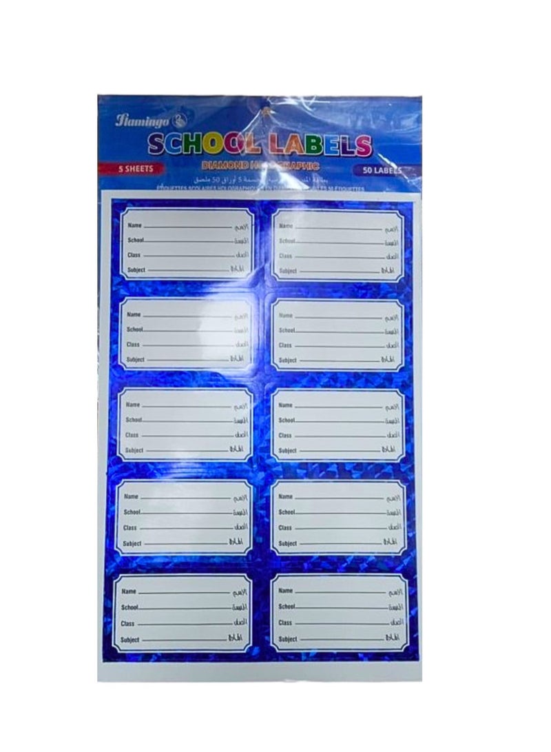 Flamingo Schools Labels Diamond Holographic 5 Sheets 50 labells - Image 1