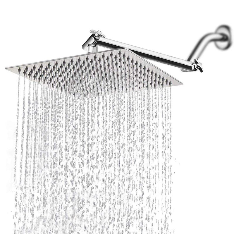 HarJue High Pressure Large Stainless Steel Square Rain ShowerHead With Shower Arm Waterfall Full Body Coverage Easy to Clean and Install 12 Inch With Arm Chrome Finish