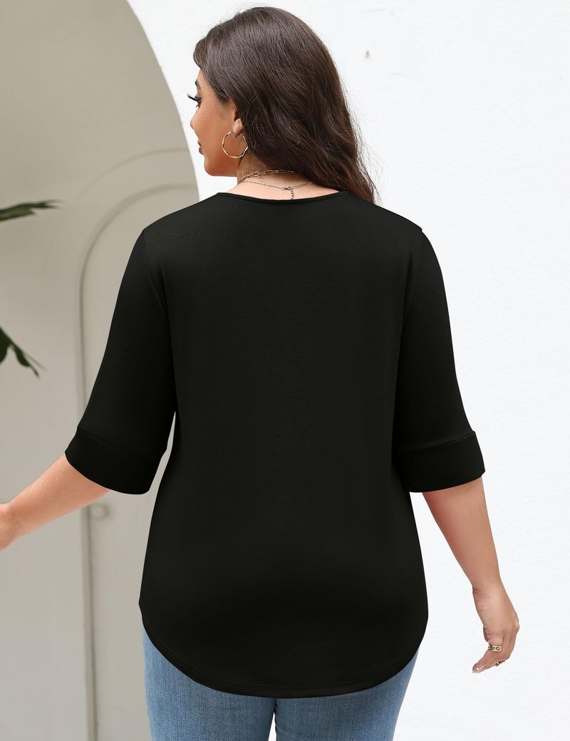 TFSDOD Spring Tops for Women Plus Size Womens Blouses 3/4 Length Sleeve Tshirts V Neck Tunic Business Casual Outfits Black XL - Image 3
