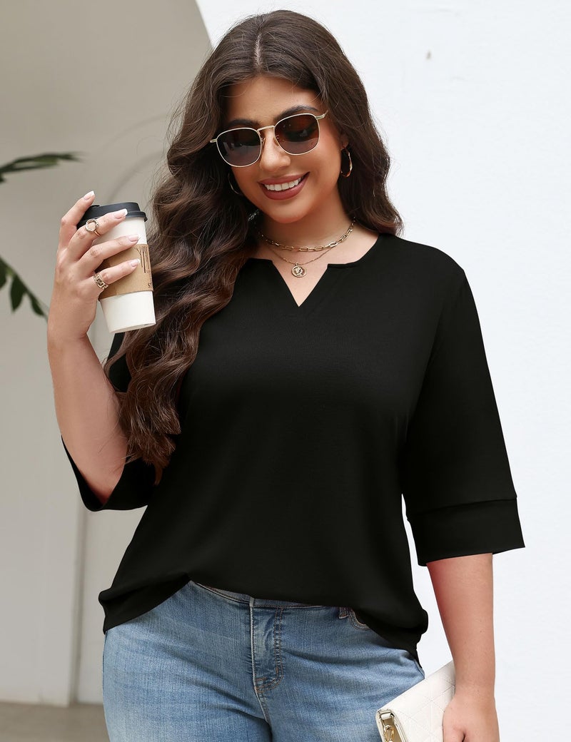TFSDOD Spring Tops for Women Plus Size Womens Blouses 3/4 Length Sleeve Tshirts V Neck Tunic Business Casual Outfits Black XL - Image 5