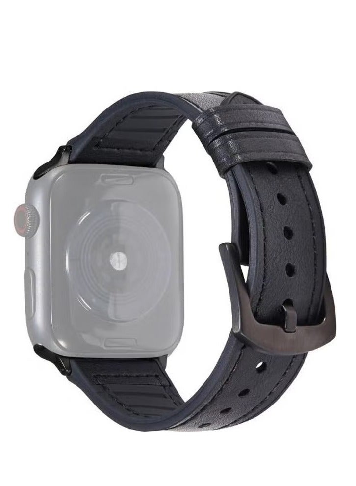 vesus Horse Texture Leather Replacement Watchbands For Apple Watch Series 7/6/SE/5/4/3/2/1 41/40/38mm Black