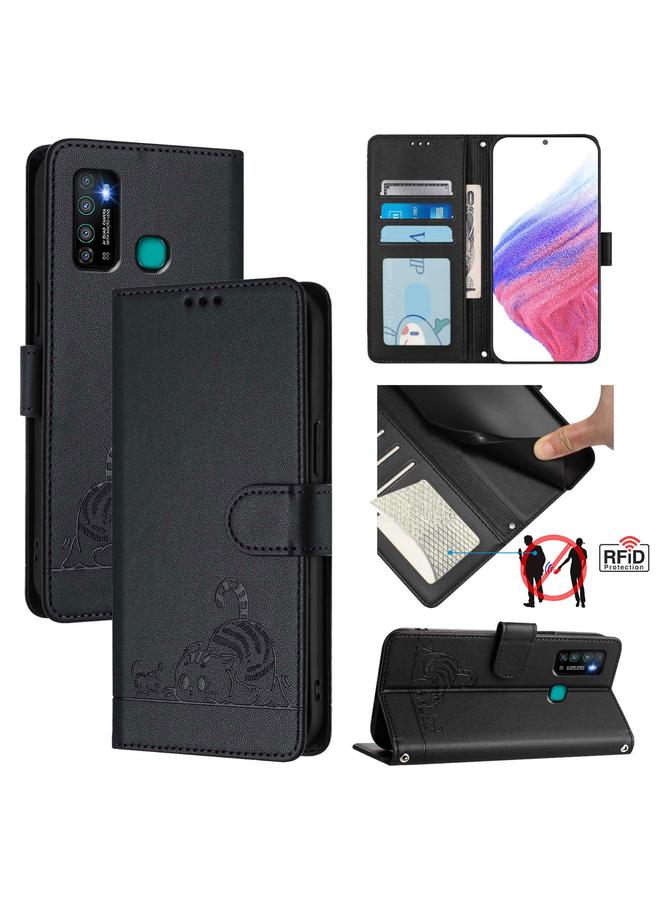 Zaboon Case For Infinix Hot 9 / Hot 9 Pro Cat Rat Embossed Pattern RFID Leather Phone Case with Lanyard - Image 1