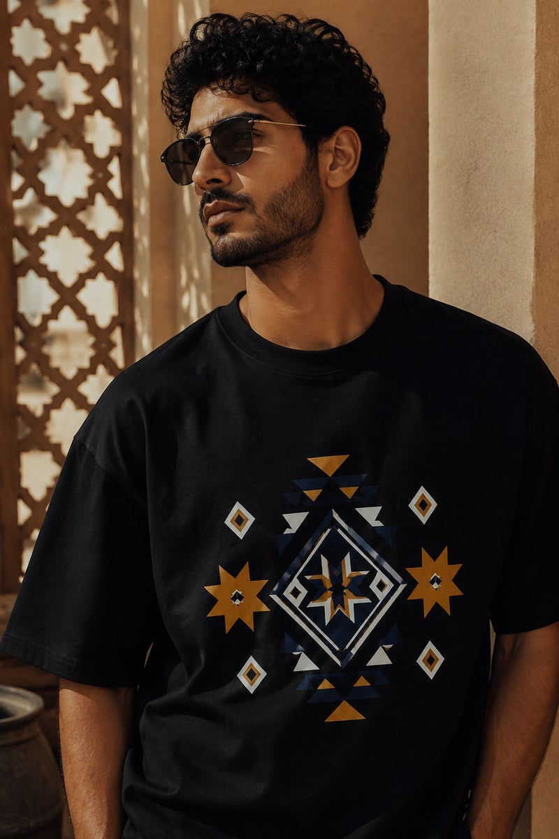 Men's Oversized Black Geometric Graphic T-Shirt Casual Short Sleeve Crew Neck Streetwear Tee - Image 1