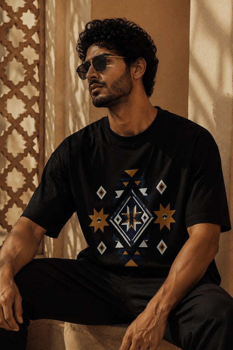 Men's Oversized Black Geometric Graphic T-Shirt Casual Short Sleeve Crew Neck Streetwear Tee - Image 4