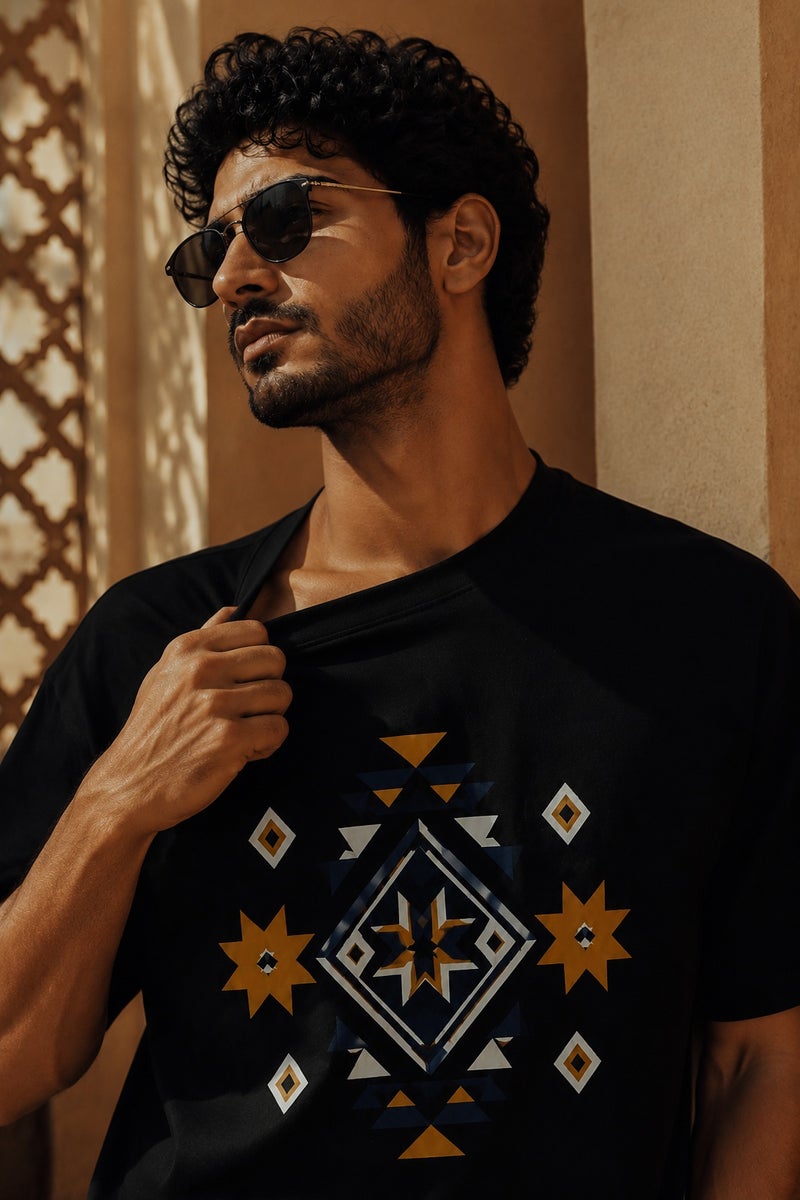 Men's Oversized Black Geometric Graphic T-Shirt Casual Short Sleeve Crew Neck Streetwear Tee - Image 5