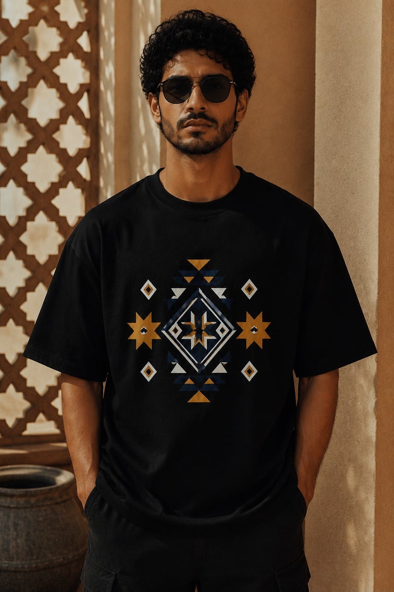 Men's Oversized Black Geometric Graphic T-Shirt Casual Short Sleeve Crew Neck Streetwear Tee - Image 2