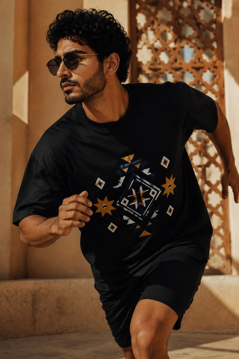 Men's Oversized Black Geometric Graphic T-Shirt Casual Short Sleeve Crew Neck Streetwear Tee - Image 3