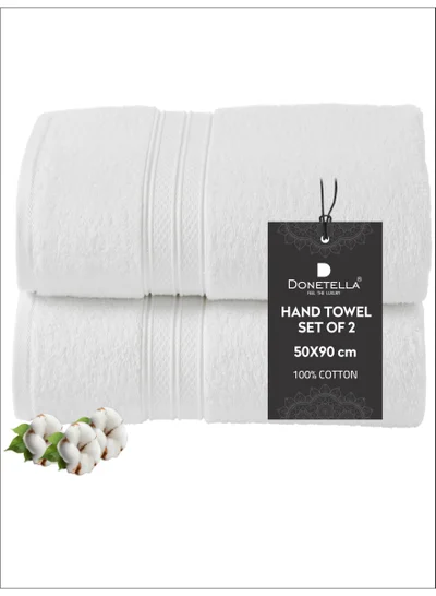 Donetella Premium 100 % Combed Cotton 2-Pcs Hand Towel Set (50 X 90 CM) 600 GSM Super Soft Hand Towel, Highly Absorbent, Quick Dry,Best Towel for Bathroom, Spa And Hotel,White
