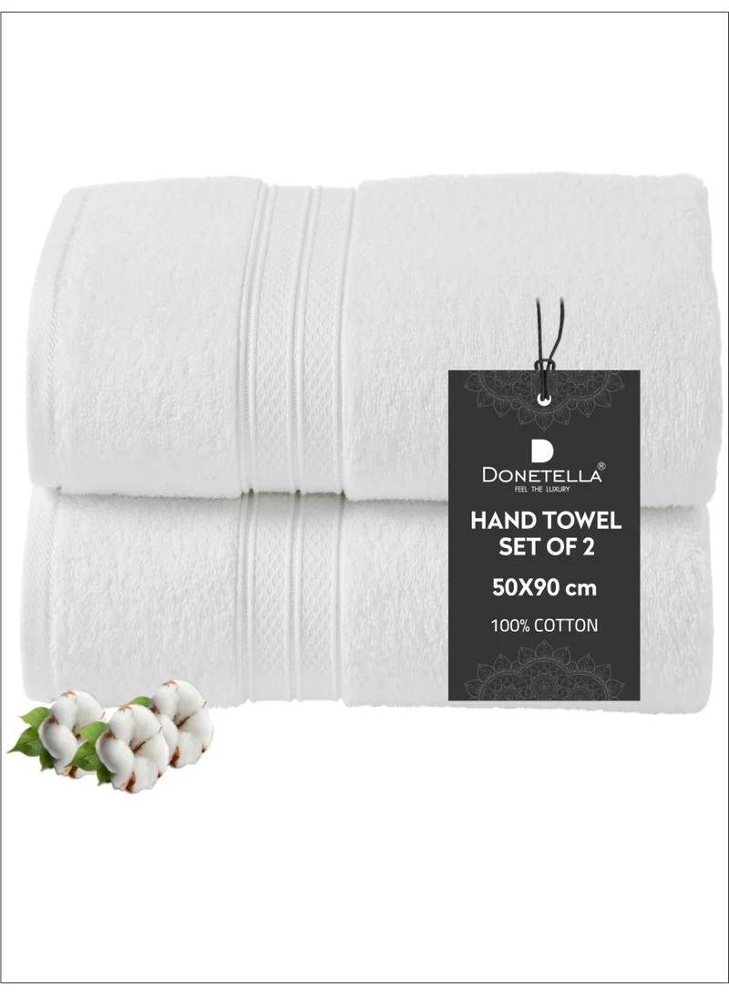 Donetella Premium 100 % Combed Cotton 2-Pcs Hand Towel Set (50 X 90 CM) 600 GSM Super Soft Hand Towel, Highly Absorbent, Quick Dry,Best Towel for Bathroom, Spa And Hotel,White