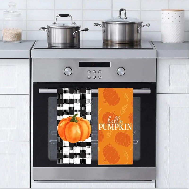 LXOMILL Buffalo Plaid Fall Kitchen Towels  Pumpkin Dish Towels  Farmhouse Fall Decorations for Kitchen  Fall Pumpkin Hand Towels Set of 2 - Image 3